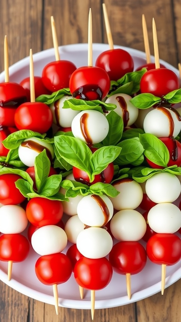 Caprese skewers with cherry tomatoes, mozzarella, basil, and balsamic glaze on a wooden table.